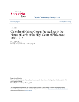 Calendar of Habeas Corpus Proceedings in the House of Lords of the High Court of Parliament, 1603-1716 Donald E