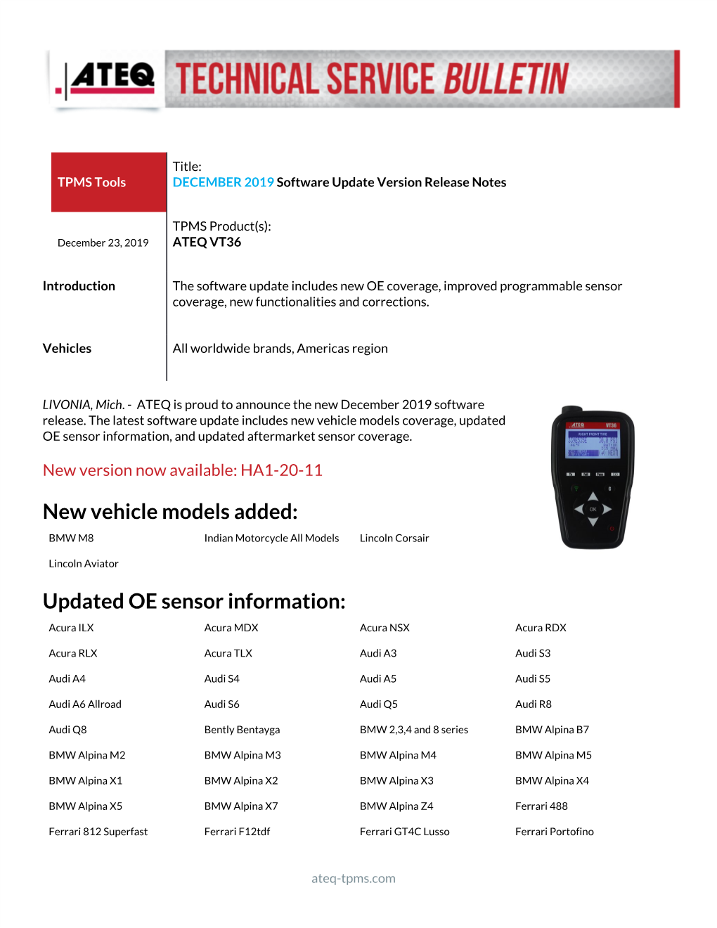 Updated OE Sensor Information, and Updated Aftermarket Sensor Coverage