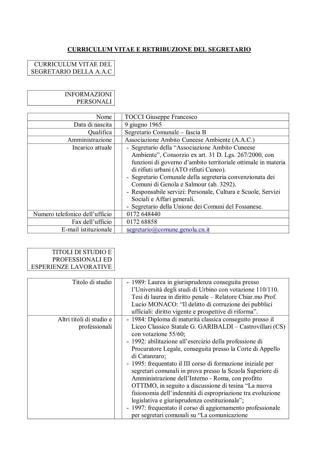 Curriculum Vitae E Retribuzione Del Segretario