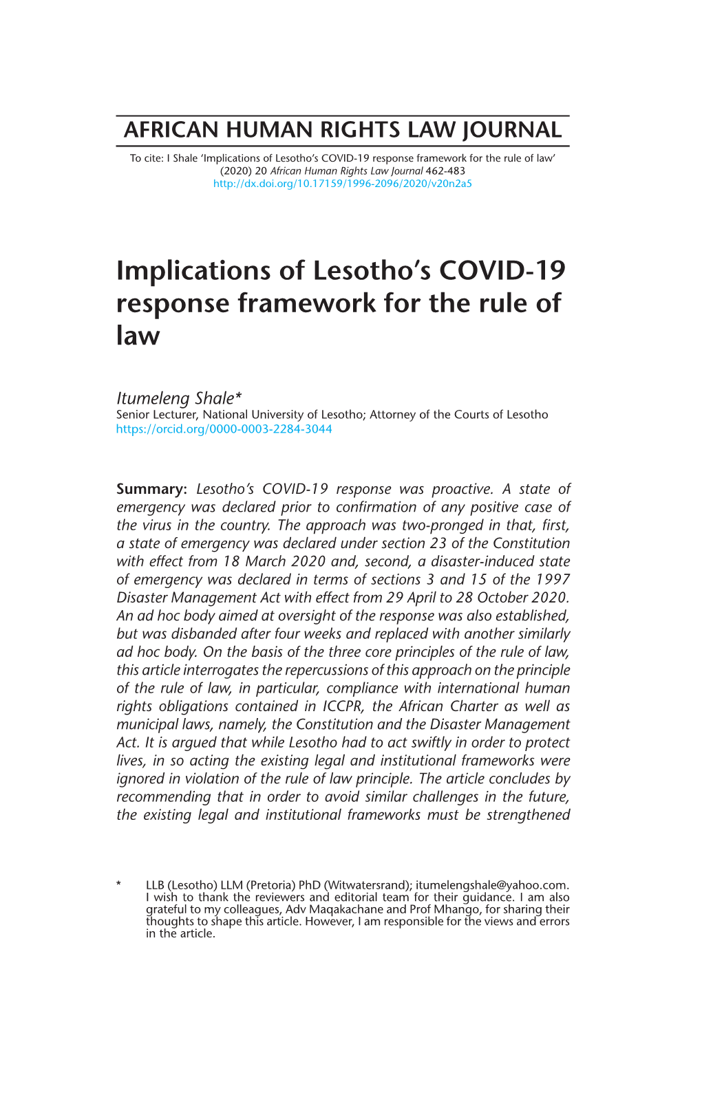 'Implications of Lesotho's COVID-19 Response Framework for the Rule Of