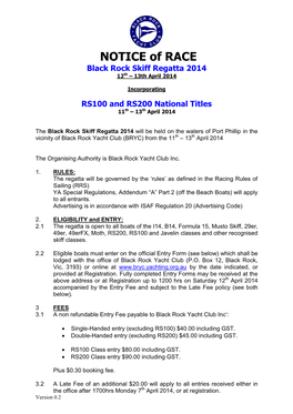 NOTICE of RACE Black Rock Skiff Regatta 2014 12Th – 13Th April 2014
