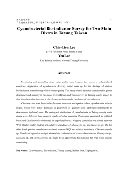 Cyanobacterial Bio-Indicator Survey for Two Main Rivers in Taitung Taiwan