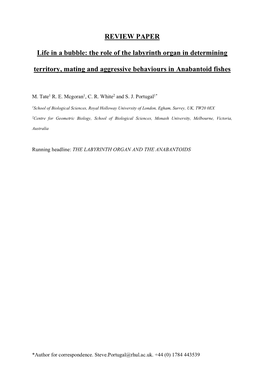 The Role of the Labyrinth Organ in Determining Territory, Mating and Aggressive Behaviours in Anabantoid Fishes