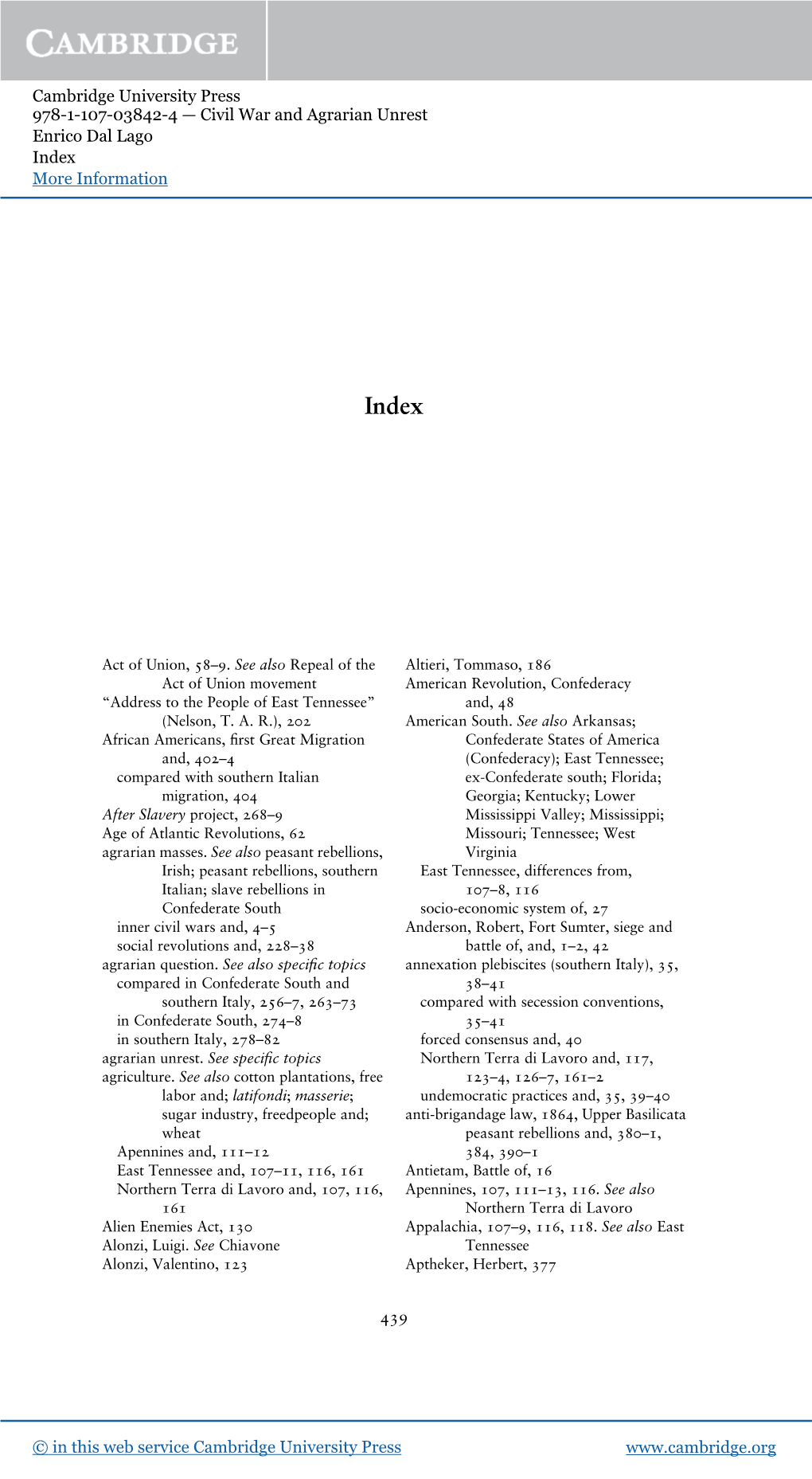 Cambridge University Press 978-1-107-03842-4 — Civil War and Agrarian Unrest Enrico Dal Lago Index More Information