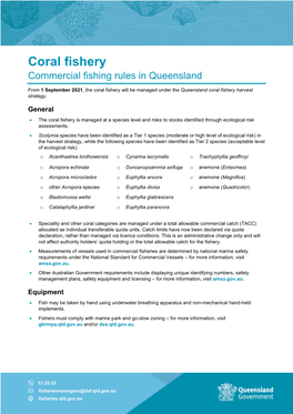 Coral Fishery Commercial Fishing Rules in Queensland