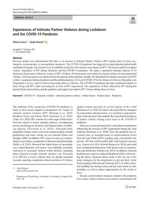 Experiences of Intimate Partner Violence During Lockdown and the COVID-19 Pandemic