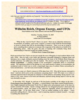 Wilhelm Reich, Orgone Energy, and Ufos