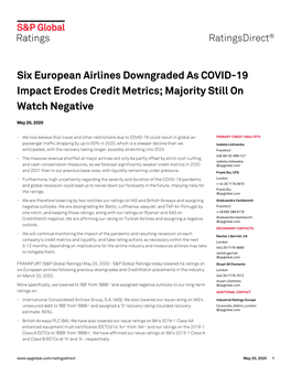 Six European Airlines Downgraded As COVID-19 Impact Erodes Credit Metrics; Majority Still on Watch Negative