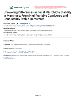 Unraveling Differences in Fecal Microbiota Stability in Mammals: from High Variable Carnivores and Consistently Stable Herbivores