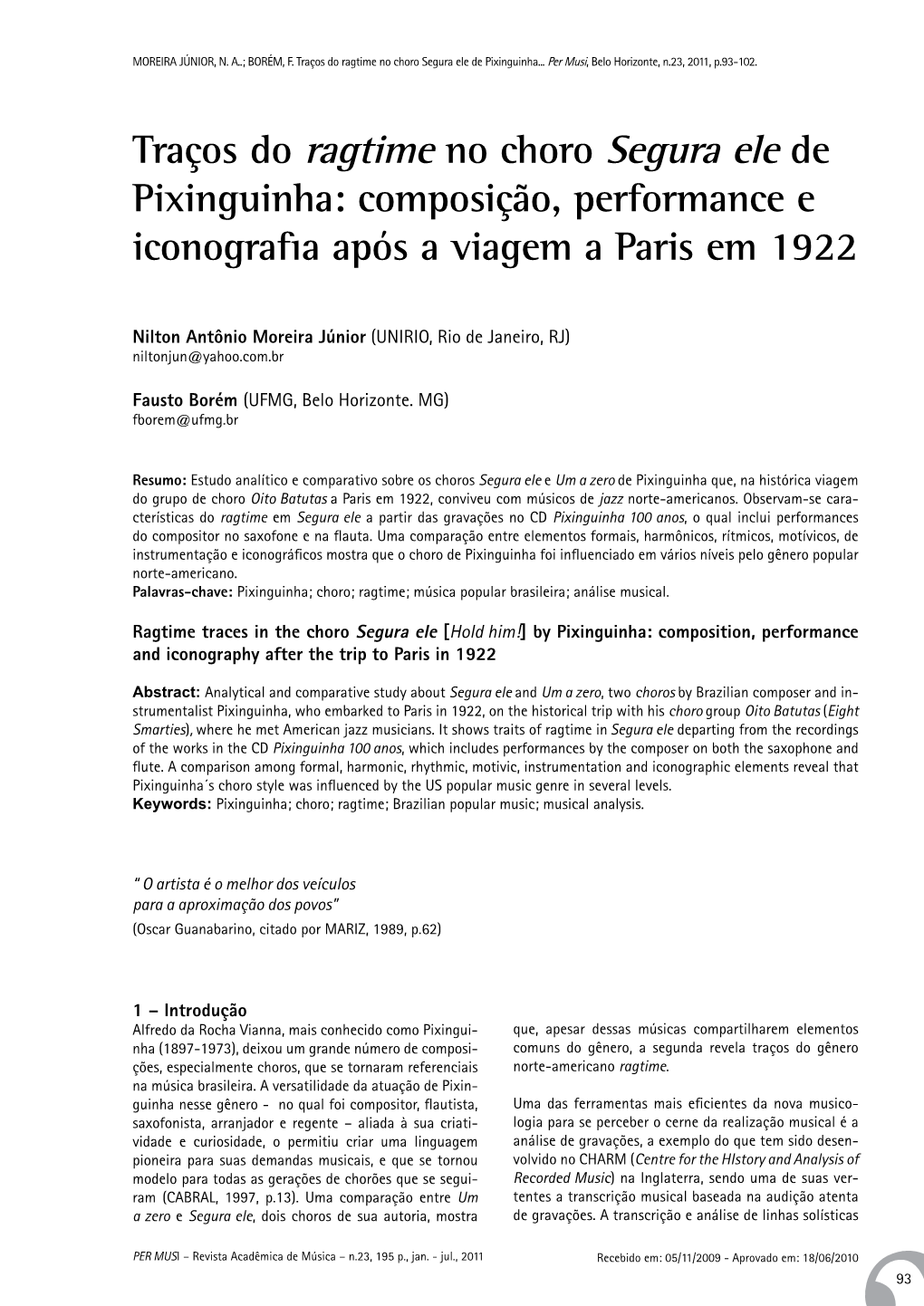 Traços Do Ragtime No Choro Segura Ele De Pixinguinha: Composição, Performance E Iconografia Após a Viagem a Paris Em 1922