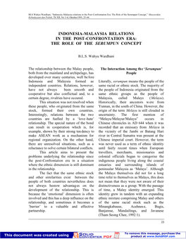 Indonesia-Malaysia Relations in the Post-Confrontation Era: the Role of the Serumpun Concept,” Masyarakat, Kebudayaan Dan Politik, Th XII, No 3-4, Oktober1999, 25-44