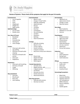 Please Check All the Symptoms That Apply for the Past 3-6 Months. Patient Name