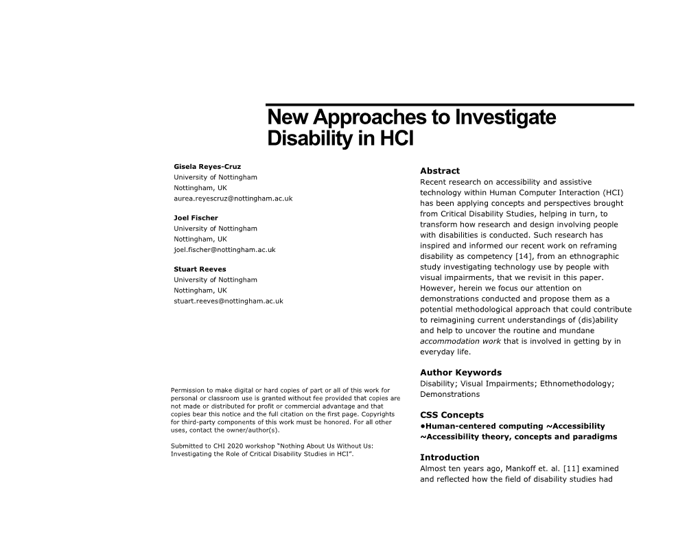 New Approaches to Investigate Disability in HCI