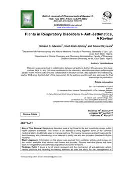 Plants in Respiratory Disorders I- Anti-Asthmatics, a Review