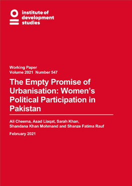 The Empty Promise of Urbanisation: Women’S Political Participation in Pakistan