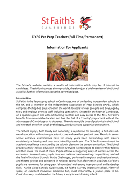 EYFS Pre Prep Teacher (Full Time/Permanent) Information for Applicants