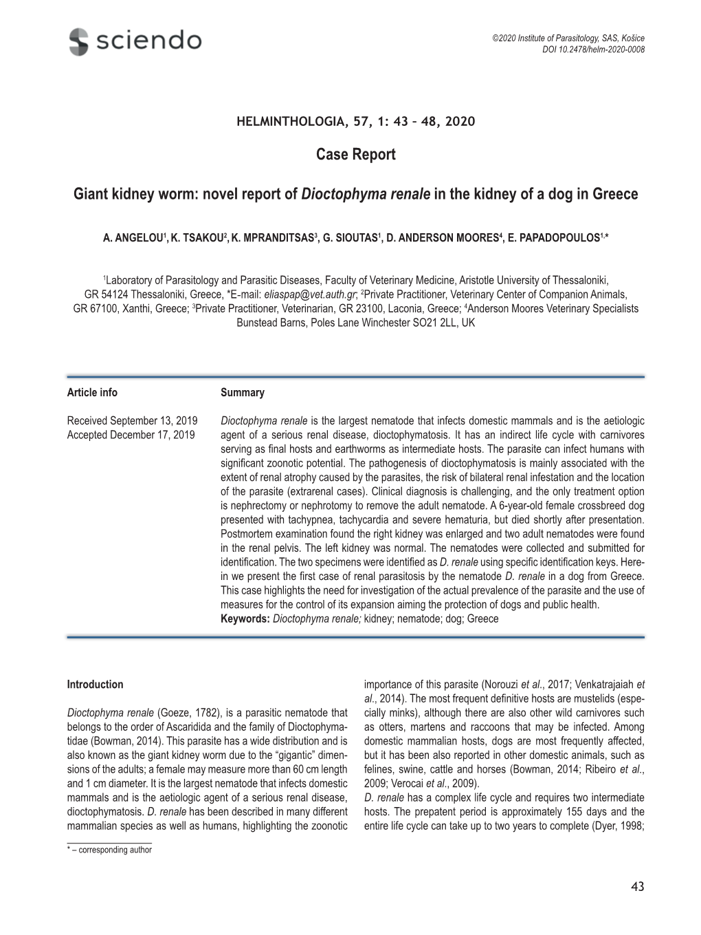 Novel Report of Dioctophyma Renale in the Kidney of a Dog in Greece