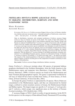 Fritillaria Montana Hoppe (Liliaceae Juss.) in Ukraine: Distribution, Habitats and Some Taxonomic Notes