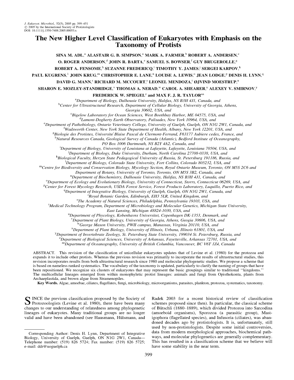 The New Higher Level Classification of Eukaryotes with Emphasis on the Taxonomy of Protists