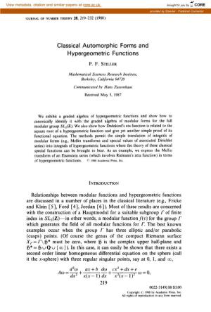 Classical Automorphic Forms and Hypergeometric Functions