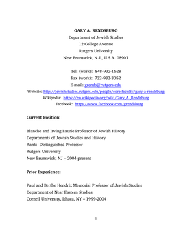 GARY A. RENDSBURG Department of Jewish Studies 12 College Avenue Rutgers University New Brunswick, N.J., U.S.A