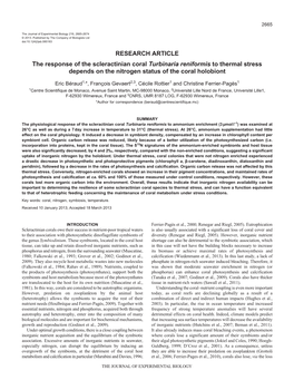 RESEARCH ARTICLE the Response of the Scleractinian Coral Turbinaria Reniformis to Thermal Stress Depends on the Nitrogen Status of the Coral Holobiont