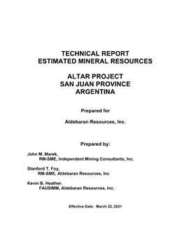 Technical Report Estimated Mineral Resources Altar Project San Juan