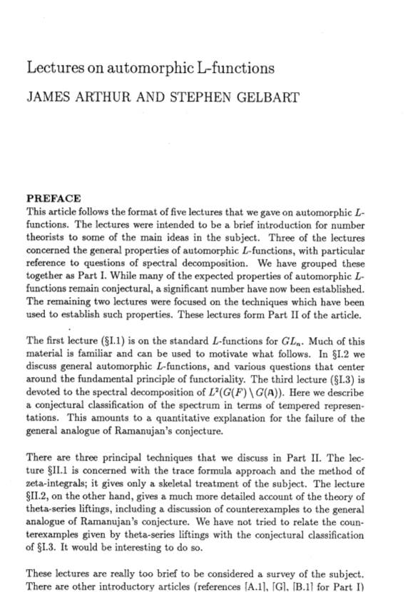 Lectures on Automorphic L-Functions JAMES ARTHUR and STEPHEN GELBART