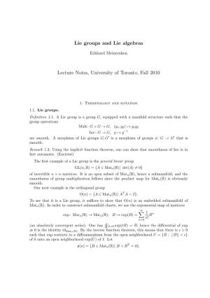 Lie Groups and Lie Algebras Lecture Notes, University of Toronto, Fall 2010