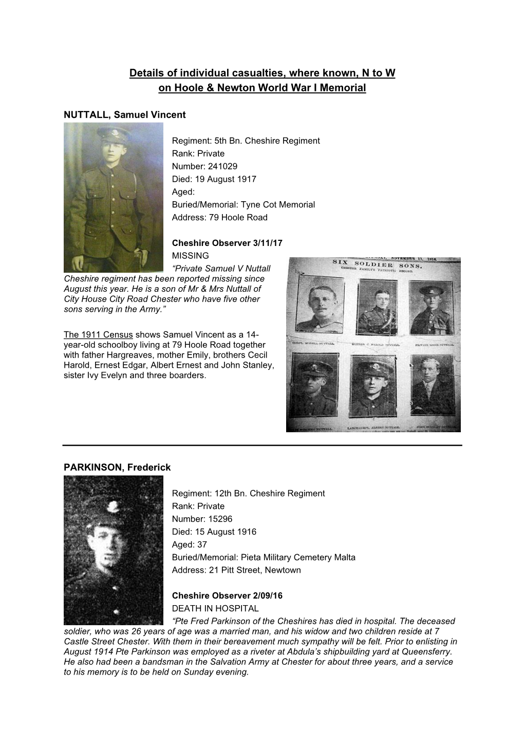 Details of Individual Casualties, Where Known, N to W on Hoole & Newton