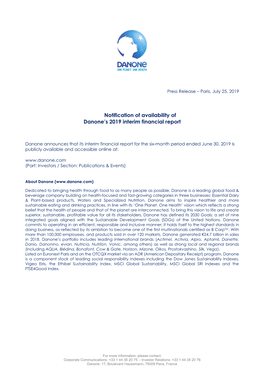 Notification of Availability of Danone's 2019 Interim Financial Report