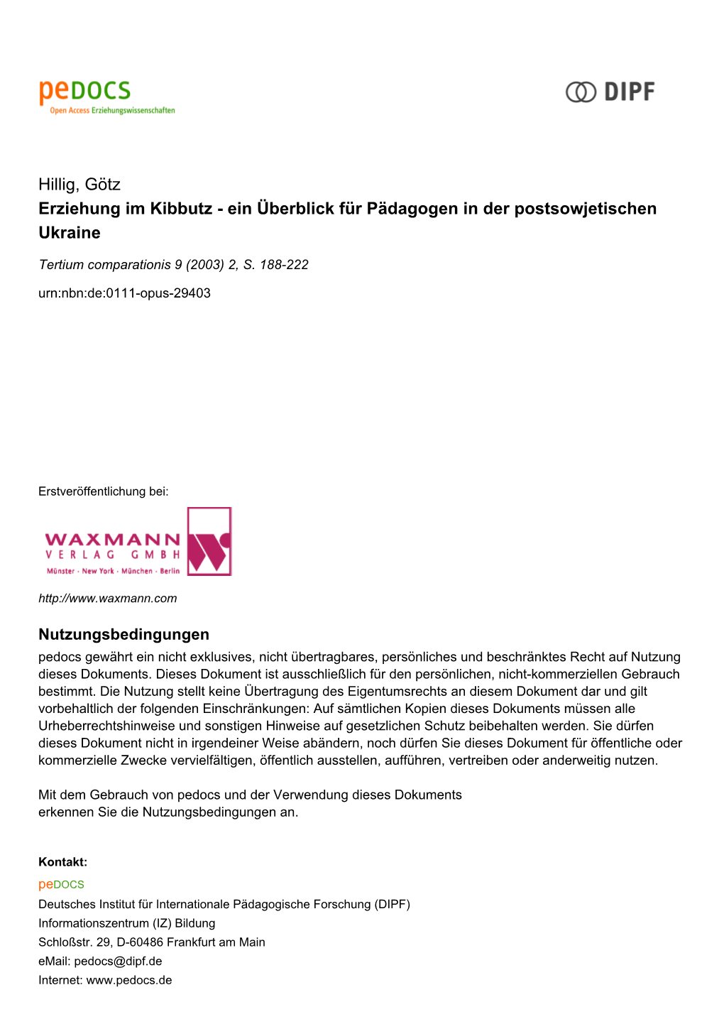 Hillig, Götz Erziehung Im Kibbutz - Ein Überblick Für Pädagogen in Der Postsowjetischen Ukraine