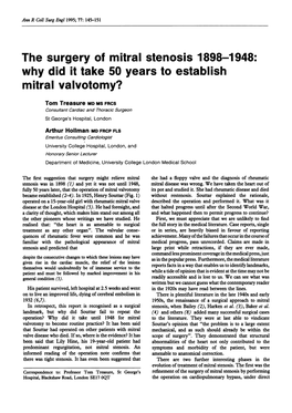 The Surgery of Mitral Stenosis 1898-1948: Why Did It Take 50 Years to Establish Mitral Valvotomy?