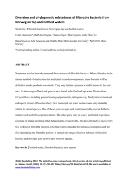 Diversion and Phylogenetic Relatedness of Filterable Bacteria from Norwegian Tap and Bottled Waters