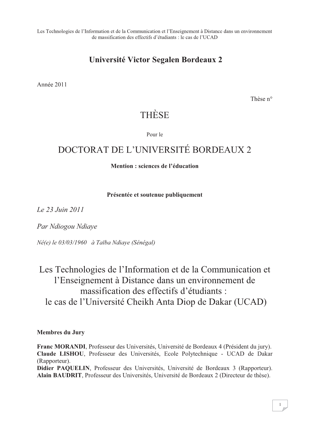 THÈSE DOCTORAT DE L'université BORDEAUX 2 Les