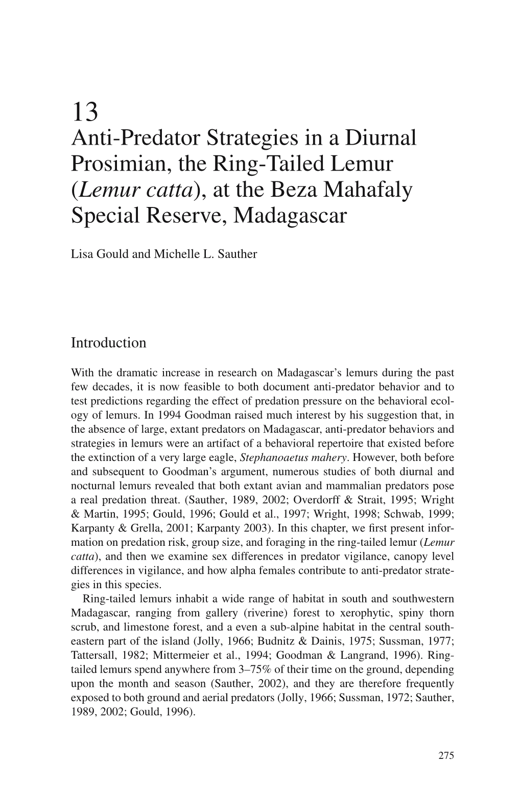 Anti-Predator Strategies in a Diurnal Prosimian, the Ring-Tailed Lemur (Lemur Catta), at the Beza Mahafaly Special Reserve, Madagascar