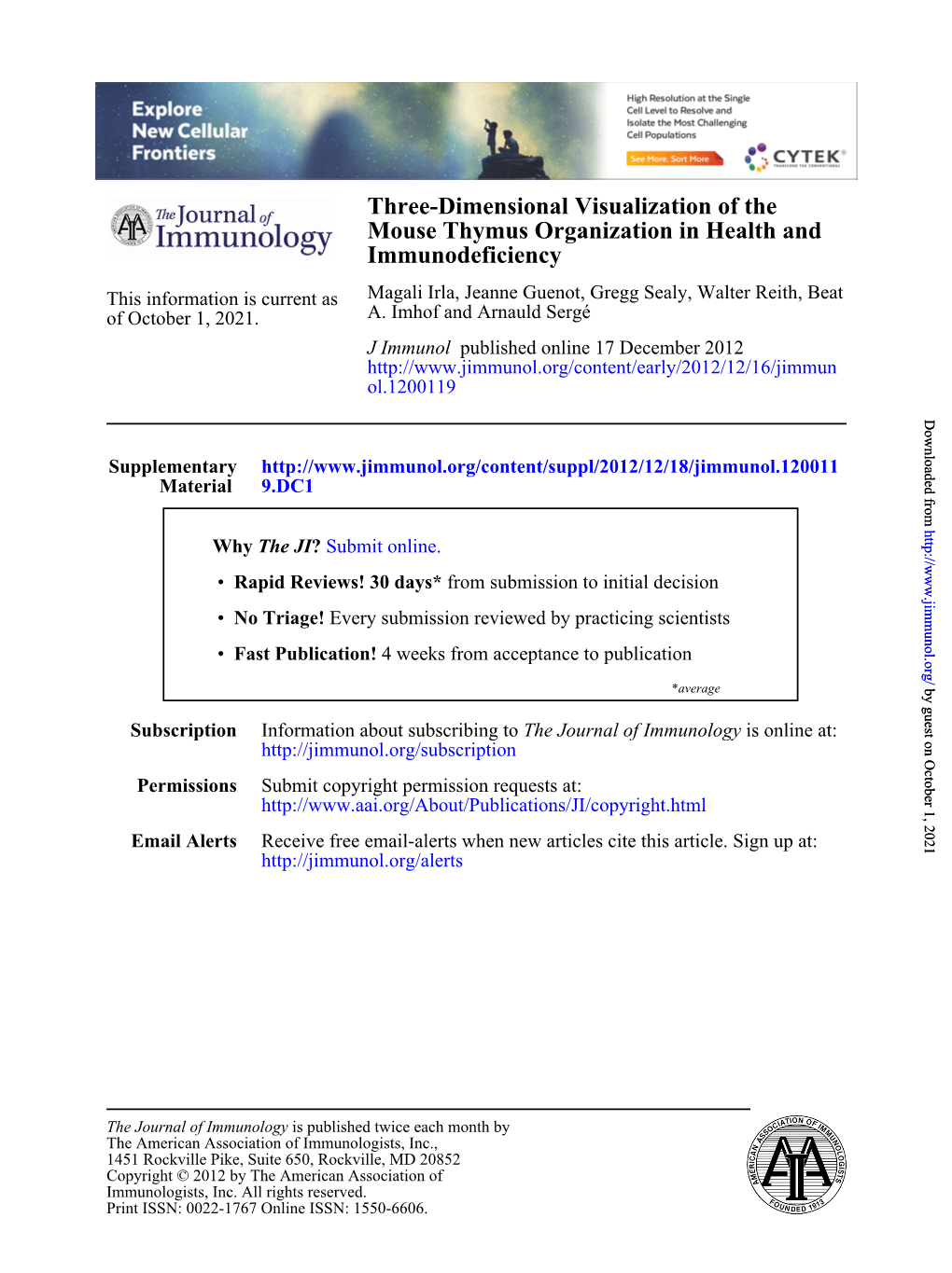 Immunodeficiency Mouse Thymus Organization in Health and Three-Dimensional Visualization Of