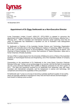 Appointment of Dr Ziggy Switkowski As a Non-Executive Director