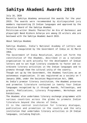 Sahitya Akademi Awards 2019