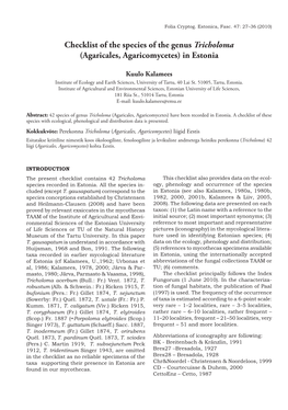 Checklist of the Species of the Genus Tricholoma (Agaricales, Agaricomycetes) in Estonia