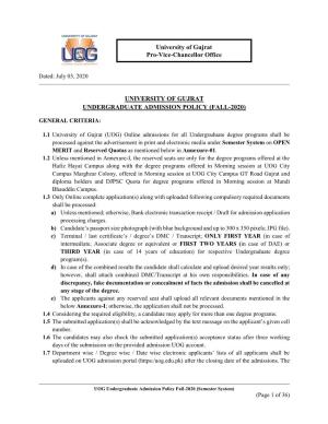 University of Gujrat Undergraduate Admission Policy (Fall-2020)