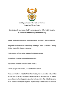25Th Anniversary of the Office Public Protector 28 October 2020 Wednesday Delivered Virtually
