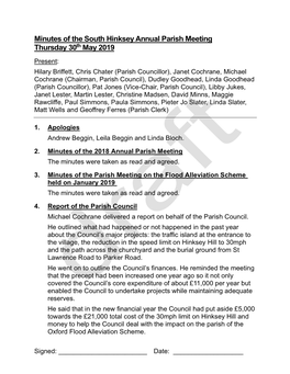 May 2019 Annual Parish Meeting (Draft)