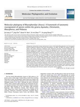 Molecular Phylogeny of Rhacophoridae (Anura): a Framework of Taxonomic Reassignment of Species Within the Genera Aquixalus, Chiromantis, Rhacophorus, and Philautus