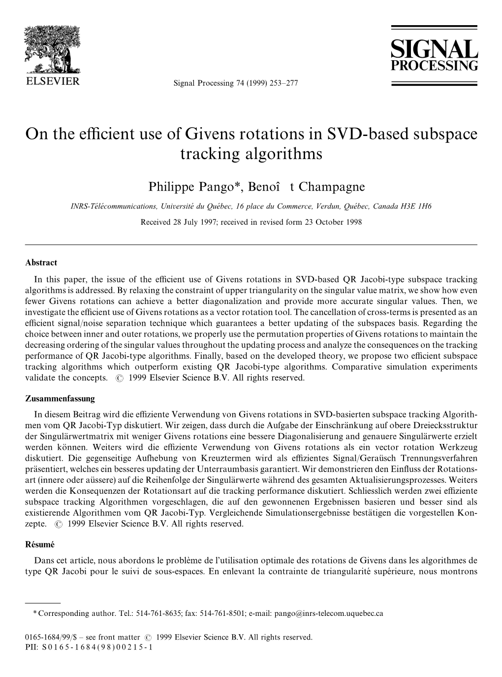 On the Efficient Use of Givens Rotations in SVD-Based Subspace Tracking