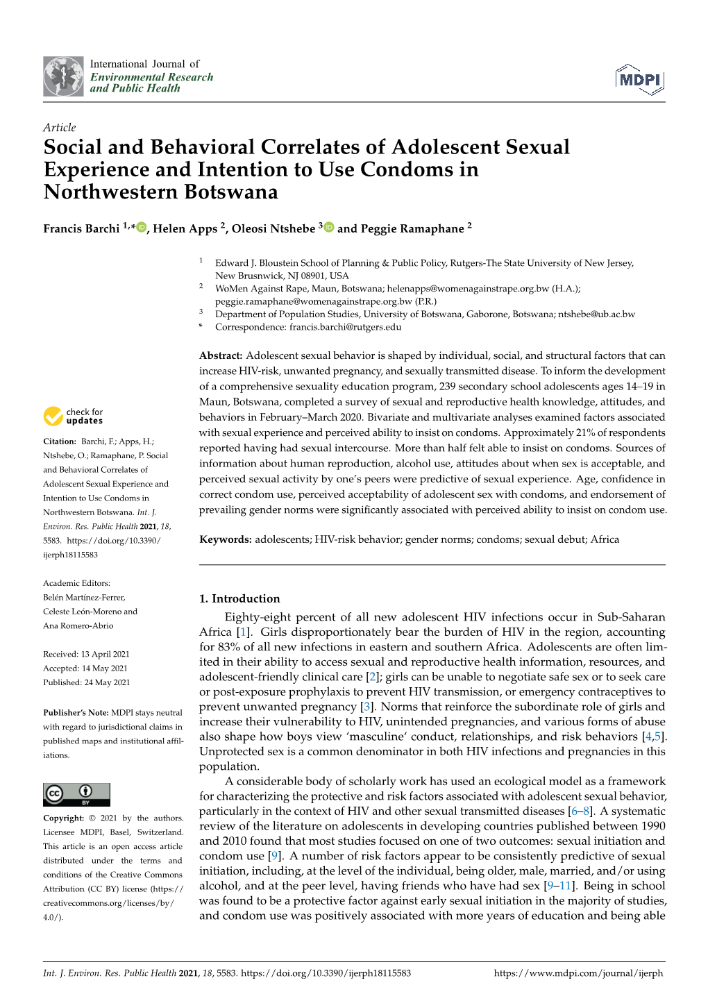 Social and Behavioral Correlates of Adolescent Sexual Experience and Intention to Use Condoms in Northwestern Botswana