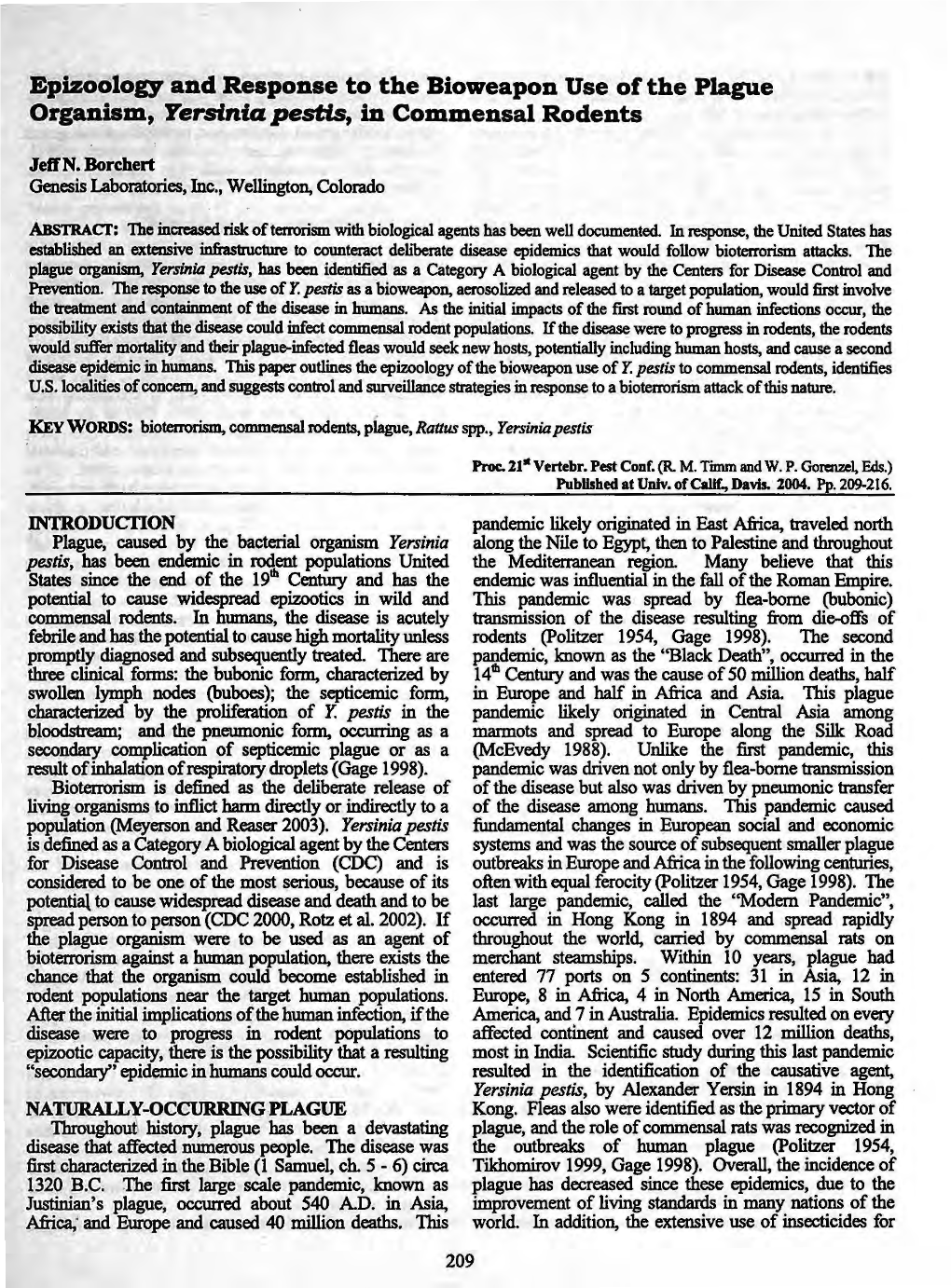 Epizoology and Response to the Bioweapon Use of the Plague Organism, Yersinia Pestls, in Commensal Rodents