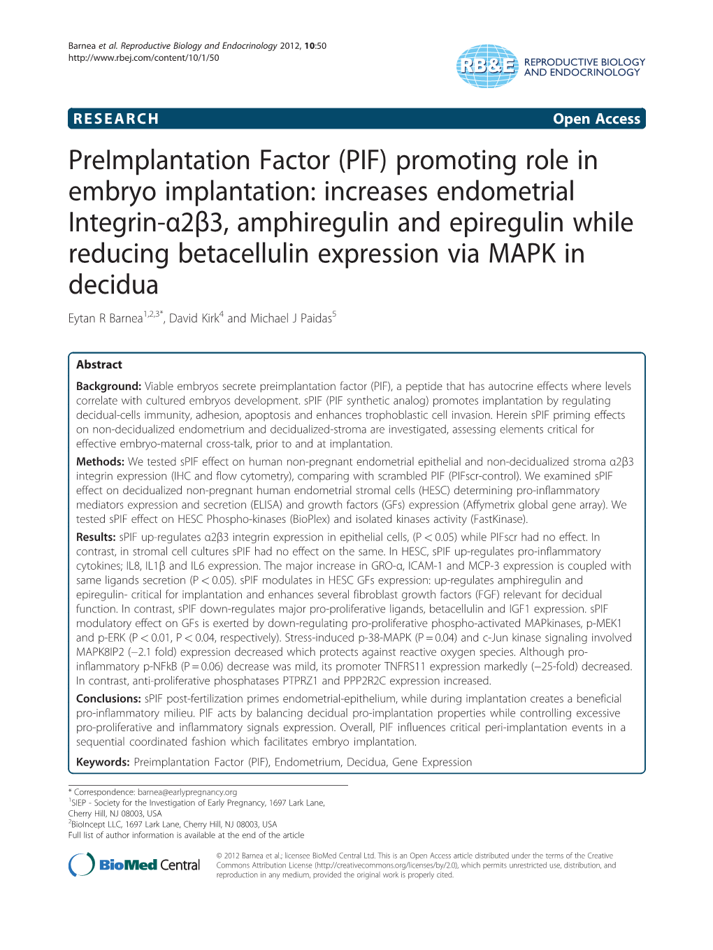 Preimplantation Factor (PIF) Promoting Role in Embryo Implantation