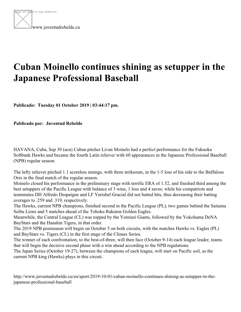 Cuban Moinello Continues Shining As Setupper in the Japanese Professional Baseball