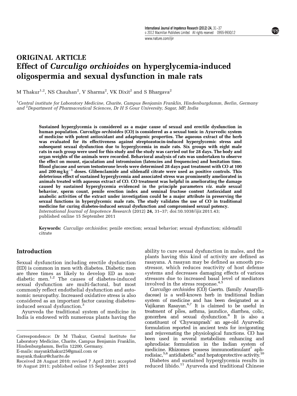 Effect of Curculigo Orchioides on Hyperglycemia-Induced Oligospermia and Sexual Dysfunction in Male Rats